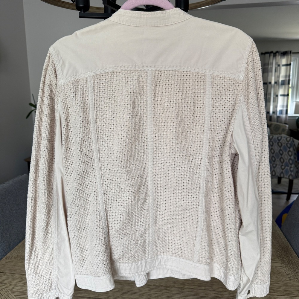 Chicos Beige Mesh Textured Lattice Asymmetrical Moto Jacket Tan Size 1 Medium - Picture 2 of 13